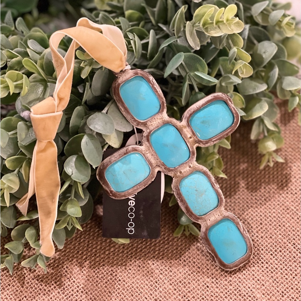 *NEW* Turquoise rustic cross, silver, turquoise, satin ribbon.